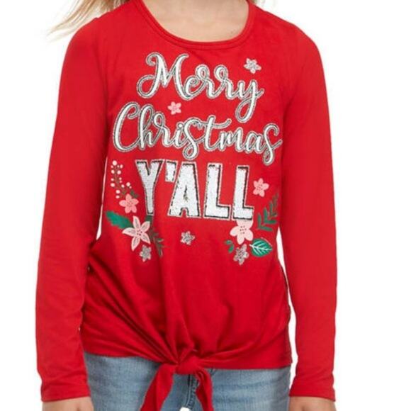 Merry Christmas Y'all Red Flippy Sequin Tie Hem Long Sleeve Shirt | Medium - Picture 1 of 7